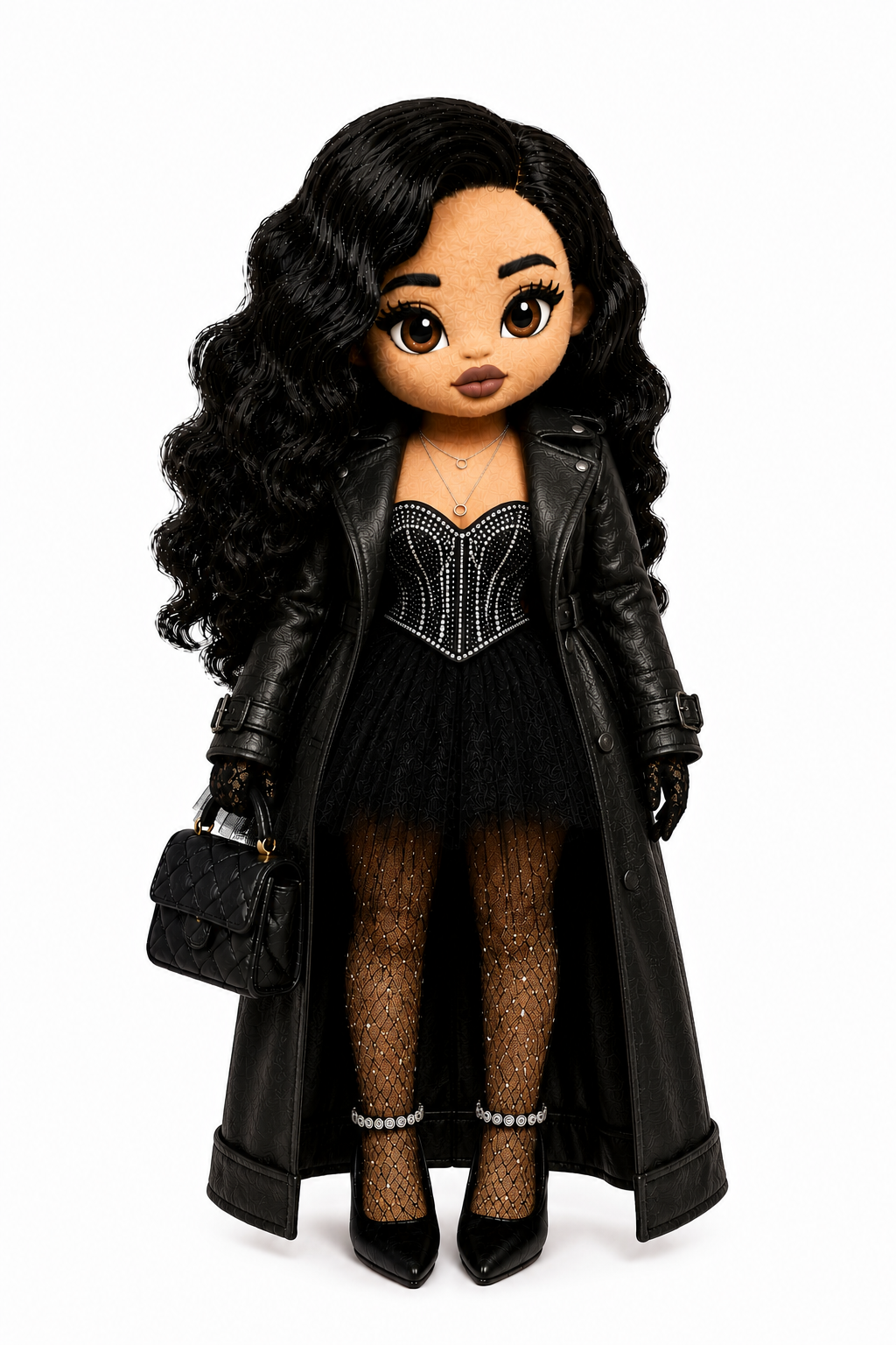 Woman plushie in black leather trench, corset dress, and quilted bag