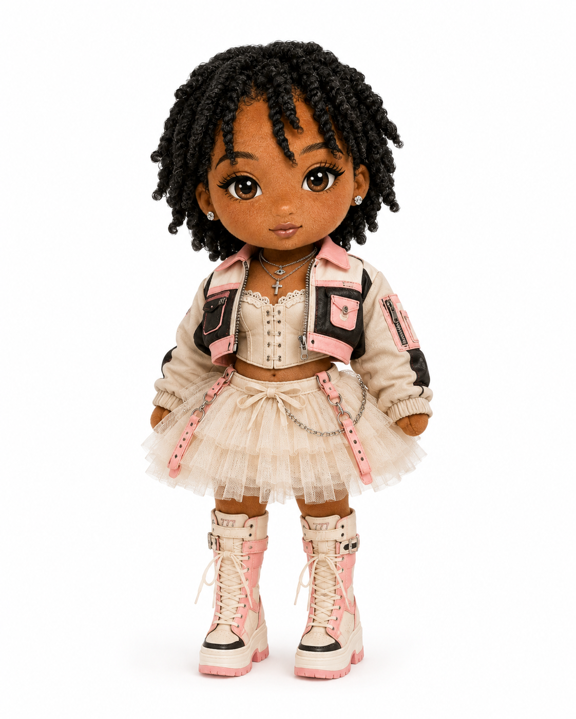 Young girl plushie in cream corset, moto jacket, tulle skirt, and combat boots
