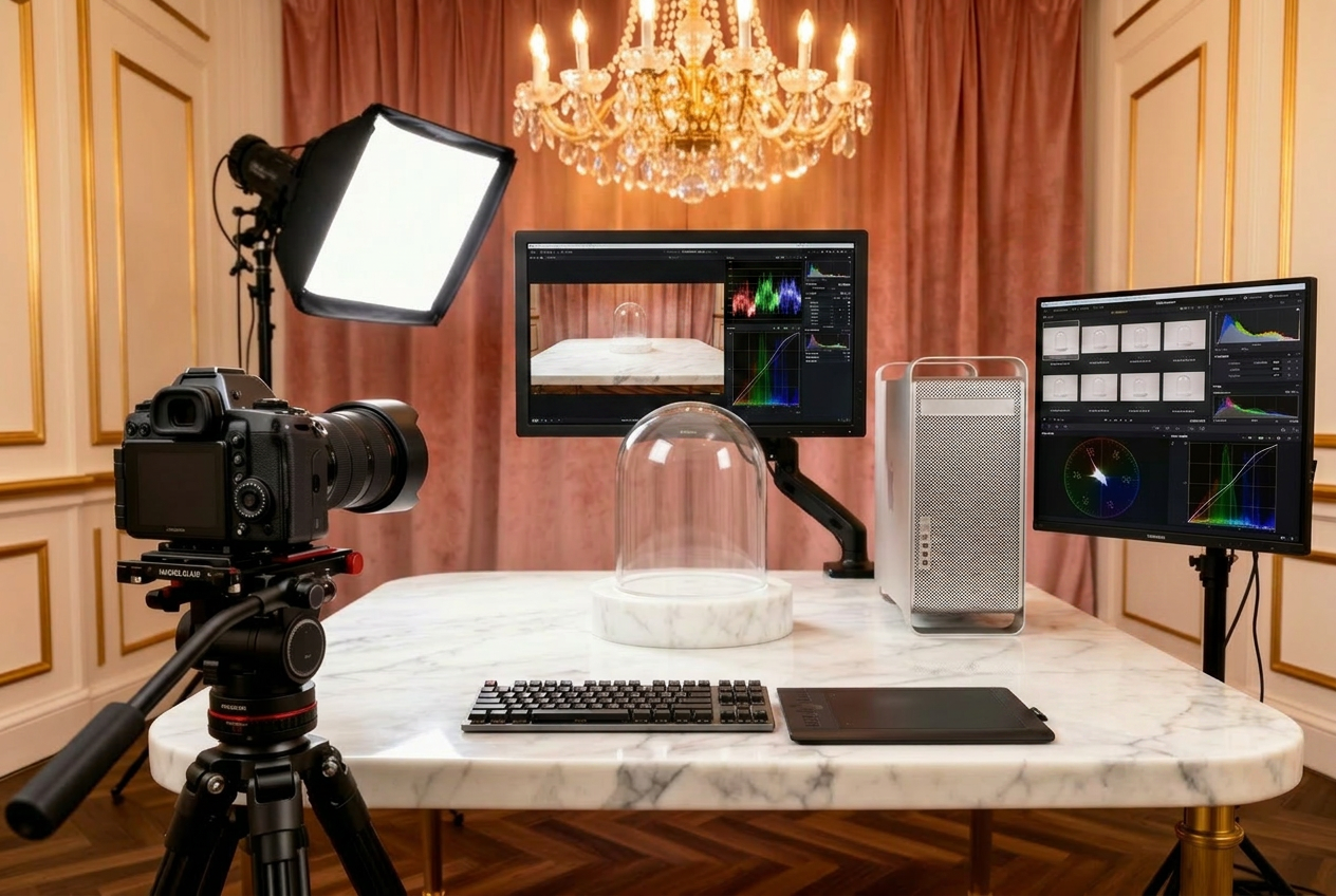 The atelier's high-tech photography studio — medium-format camera on motorized rig, color-calibrated monitor, marble shooting table, and an empty cloche beneath softbox lighting