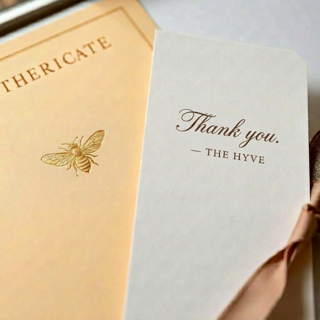 Honey-gold embossed certificate of authenticity beside a handwritten thank-you letter