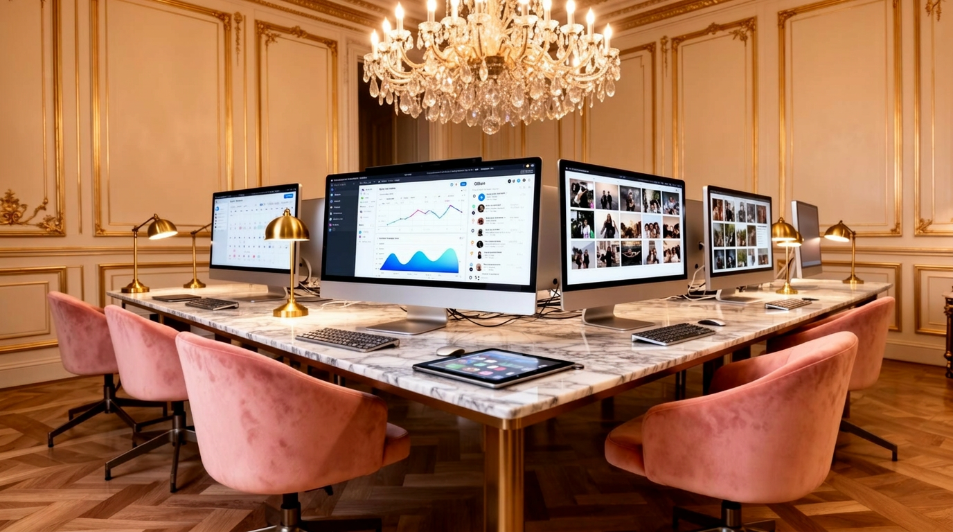 The atelier's luxury computer lab — a long marble communal desk with high-end workstations, color-calibrated monitors showing social media dashboards, content calendars, and analytics, blush velvet chairs under a crystal chandelier