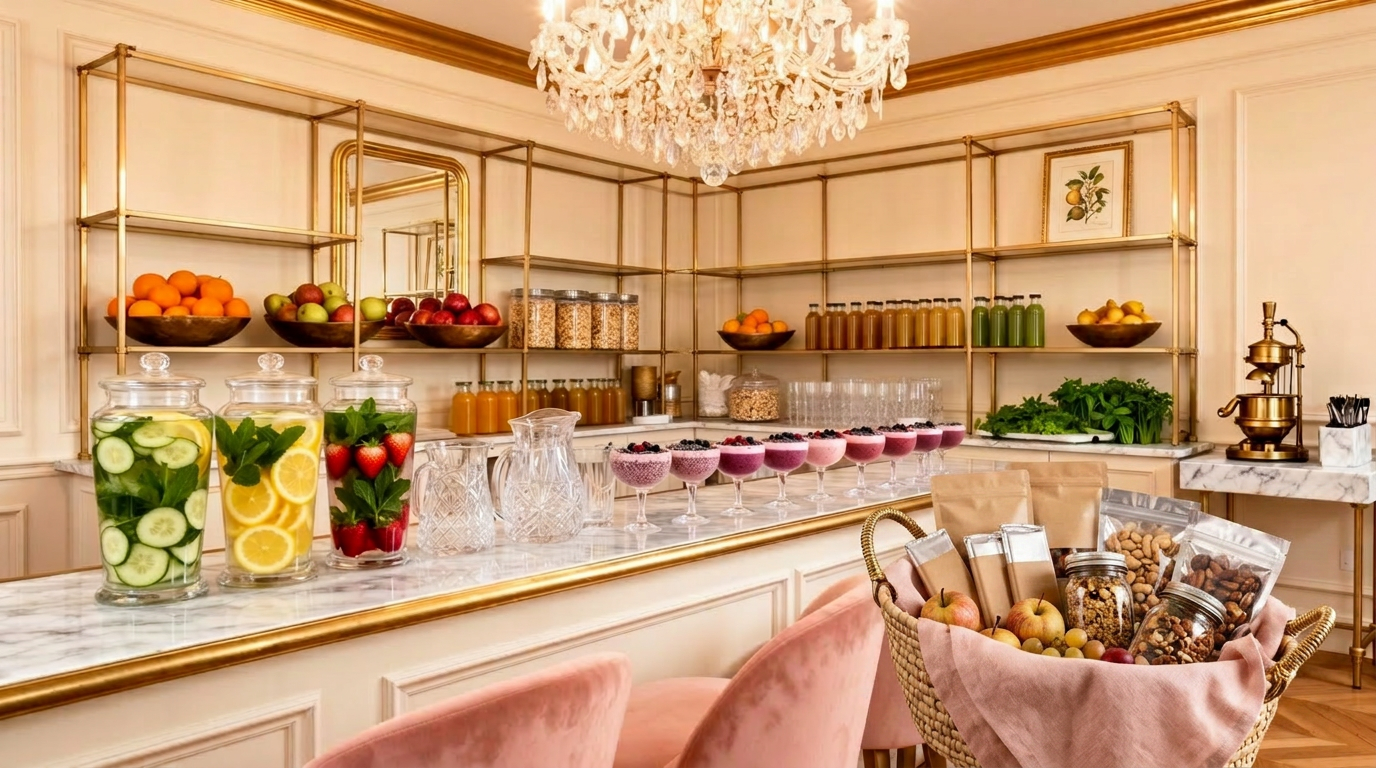 The atelier's hydration bar — marble counter with brass edging holding glass apothecary jars of fruit-infused water, smoothie coupes, brass shelves of fresh fruit and cold-pressed juices, blush velvet bar stools beneath a crystal chandelier