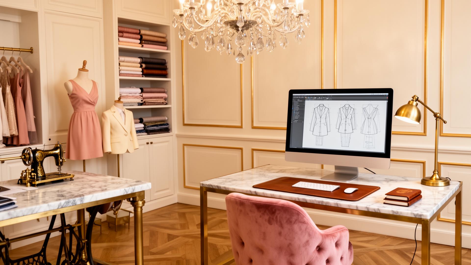 The atelier's product development room — marble cutting table with brass sewing machine and dress forms on the left, luxury brass-framed CAD computer station with blush velvet chair on the right, all under a crystal chandelier