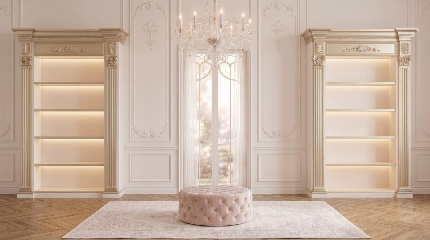 The atelier library — empty illuminated bookshelves with gold trim, blush ottoman, and chandelier, awaiting the patron's curated objects